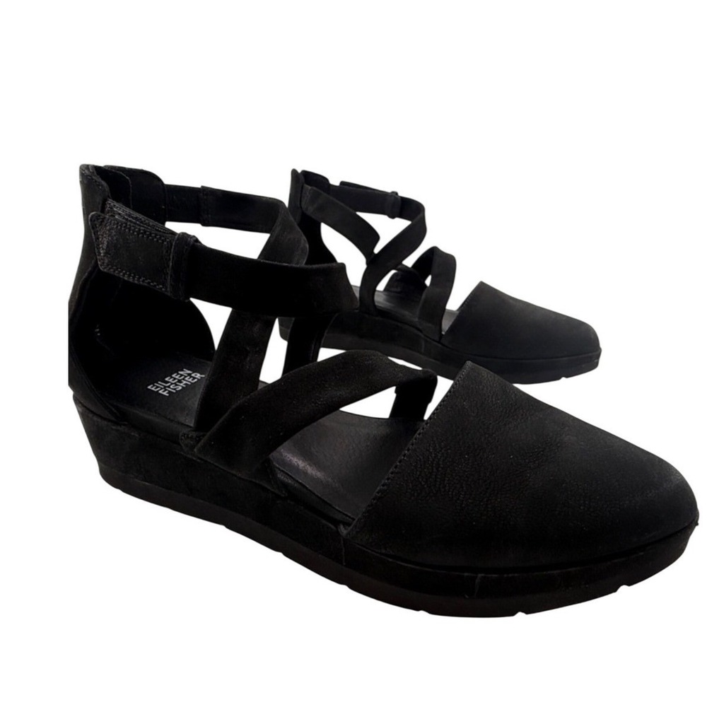 Eileen Fisher Womens Black Leather Crossover Strap Rear Zip Wedge Flats 6.5